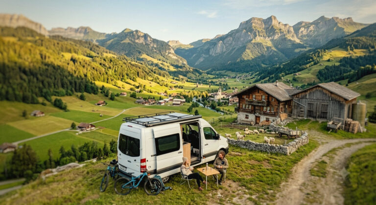 Vue sur une région de montagne avec des campeurs vers une ferme